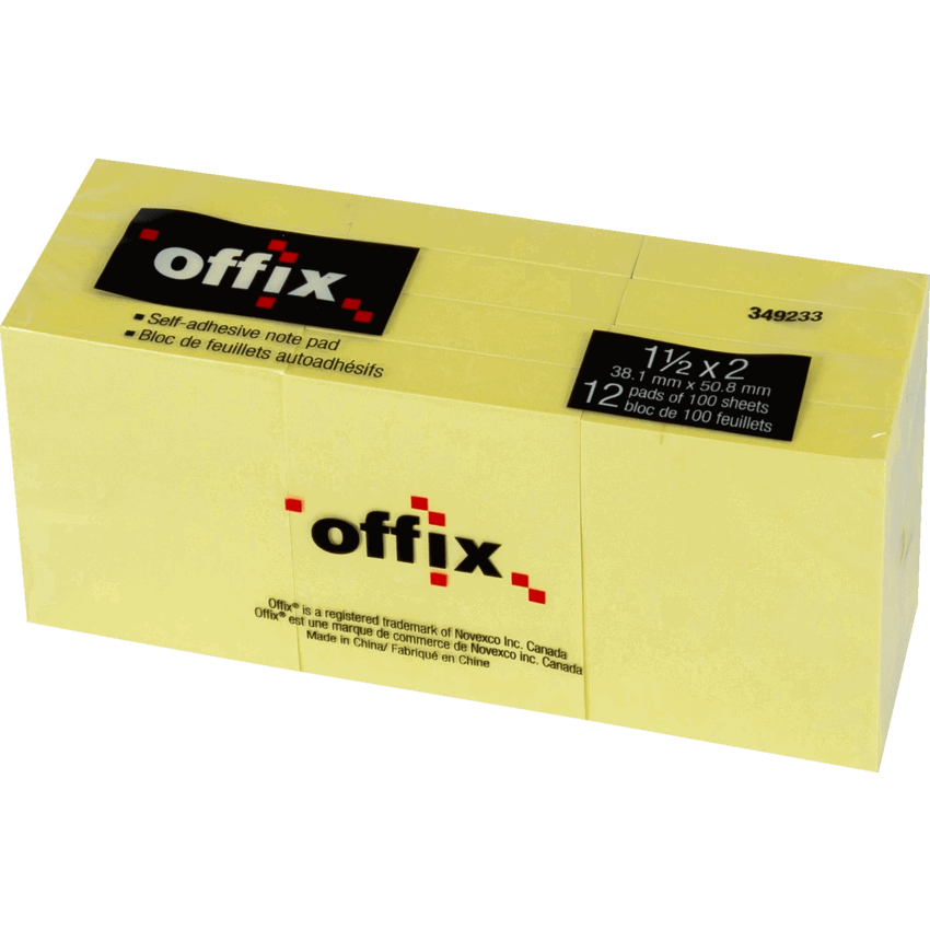Offix® Self-Adhesive Notes 1-1/2" x 2" 100 sheets per pad Yellow 12 pads/pkg