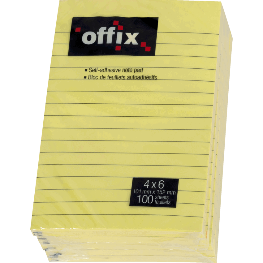 Offix® Self-Adhesive Notes 4" x 6" Lined 100 sheets per pad Yellow 5 pads/pkg
