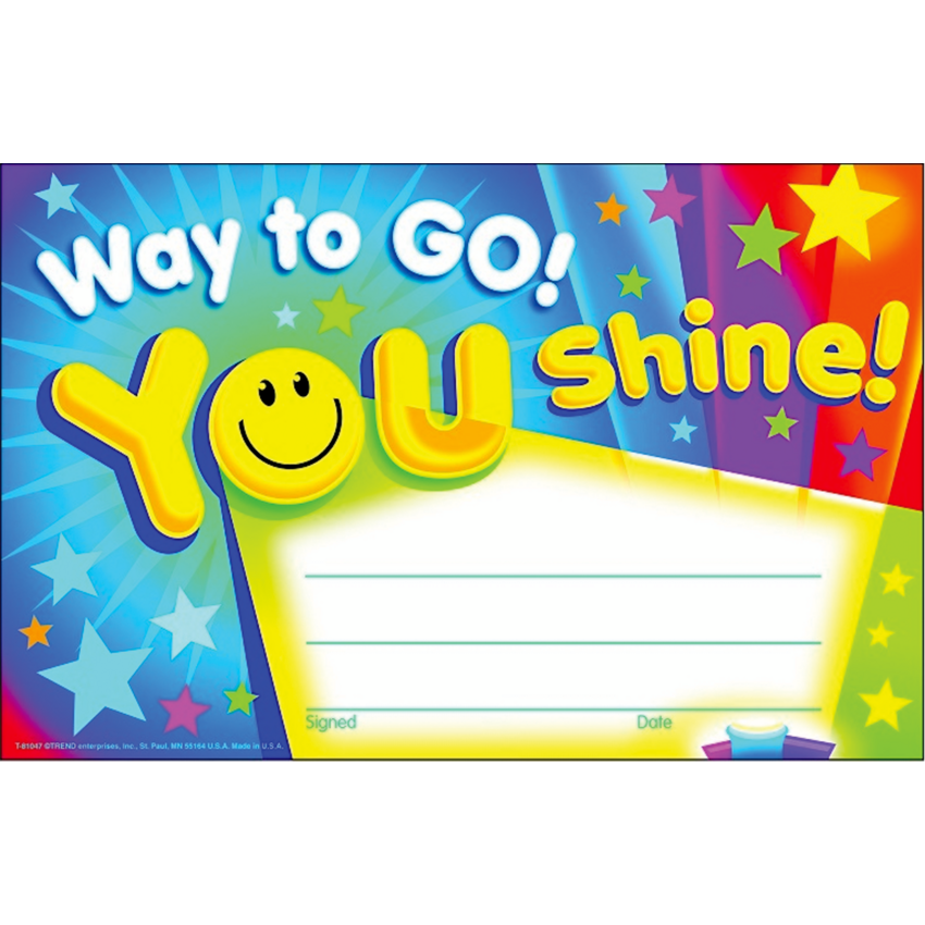 Trend® Recognition Awards Way to Go! You Shine! 5-1/2" x 8-1/2" 30/pkg