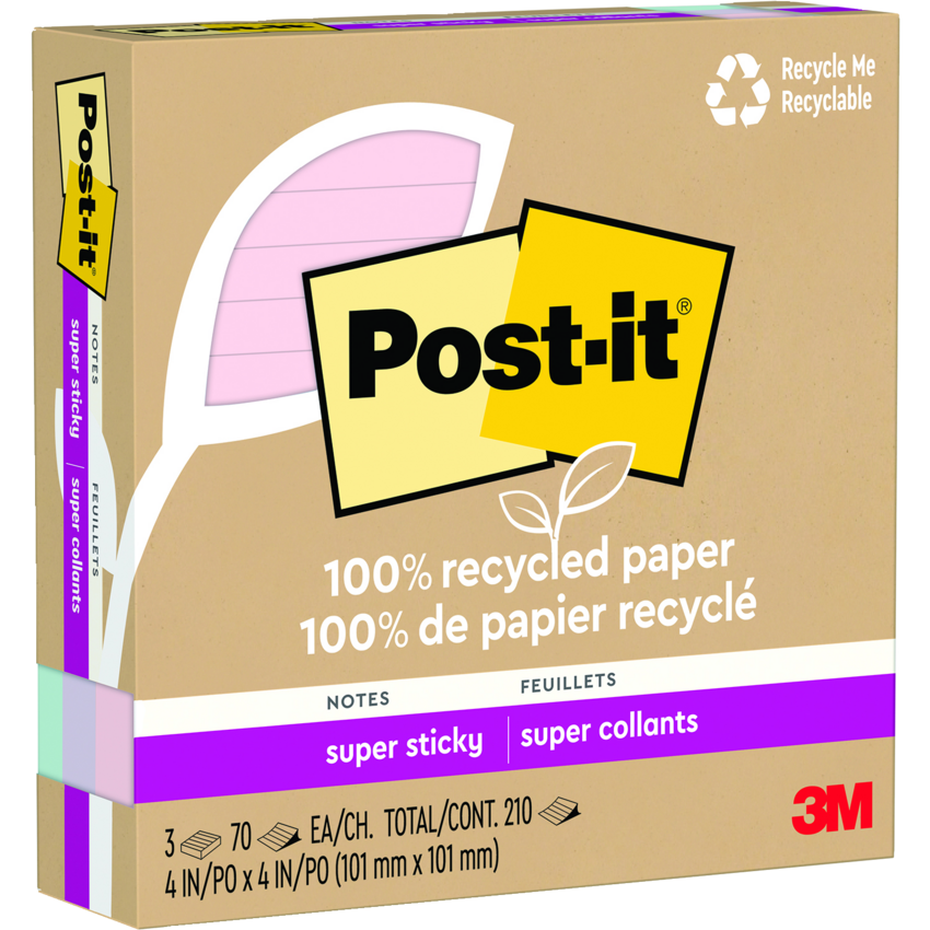 Post-it® 100% Recycled Paper Super Sticky Notes Lined 4" x 4" 70 sheets per pad Assorted Wanderlust Pastel Colours 3 pads/pkg