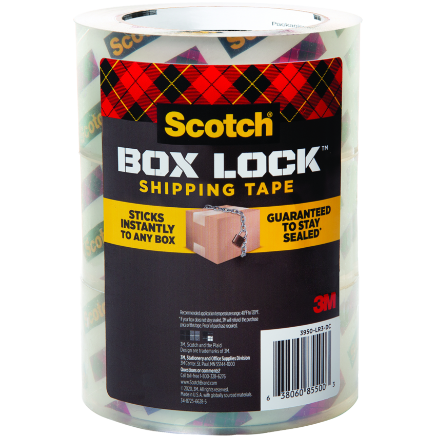 Scotch® Box Lock™ Packaging Tape 3" wide (76 mm x 50 m) Clear 3/pkg