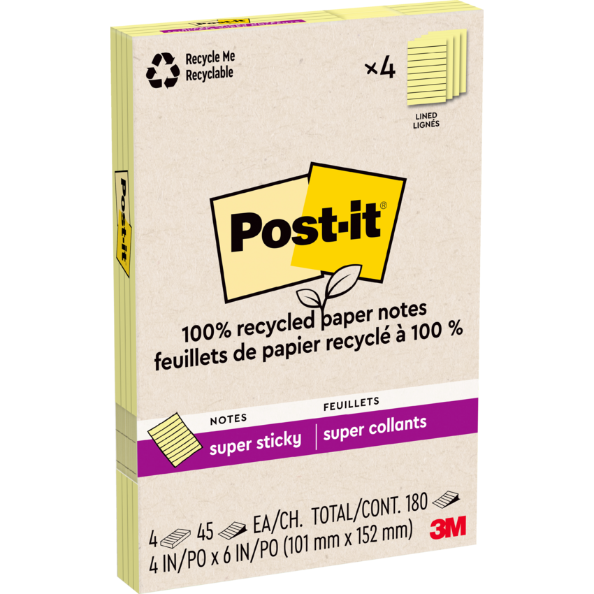 Post-it® 100% Recycled Super Sticky Notes Lined 4" x 6" 45 sheets per pad Canary Yellow™ 4 pads/pkg