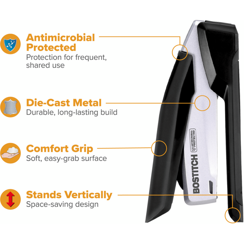 Bostitch® InPower™ Spring-Powered Antimicrobial Premium Desktop Stapler Full Strip 28 Sheet Black and Silver