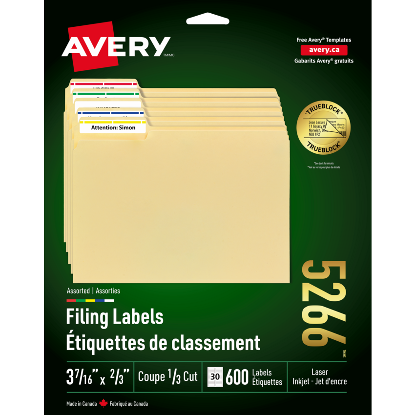 Avery® TrueBlock™ Filing Labels Laser and Inkjet Assorted Colours (600 Labels) 20 sheets/pkg