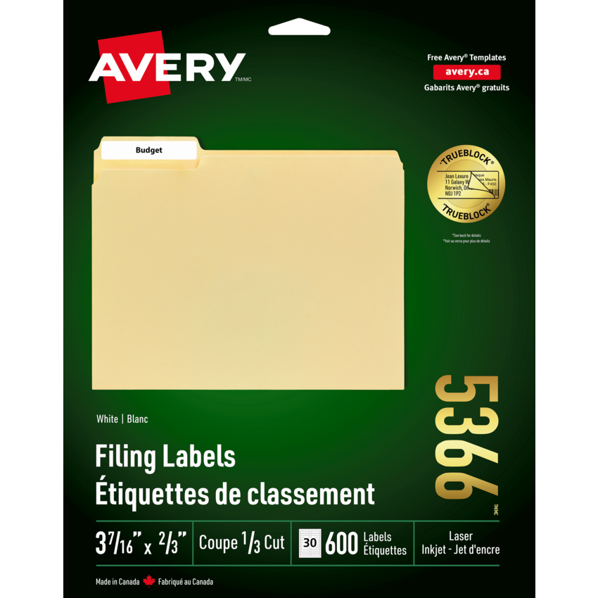 Avery® TrueBlock™ Filing Labels Laser and Inkjet White (600 Labels) 20 sheets/pkg