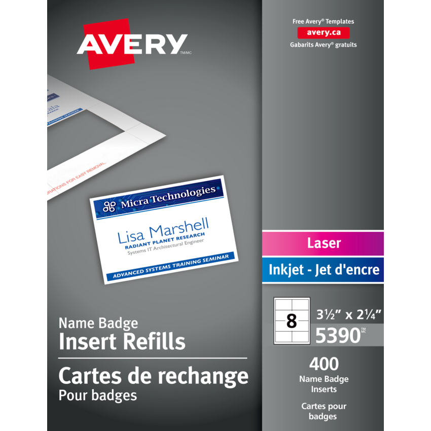 Avery® Name Badge Card Refills 3-1/2" x 2-1/4" White 50 sheets per package 400 cards/box