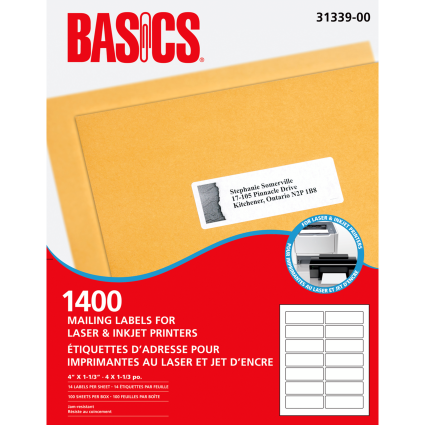 Basics® Mailing Label for Laser Printers 4" x 1-1/3" White (1,400 Labels) 100 sheets/box