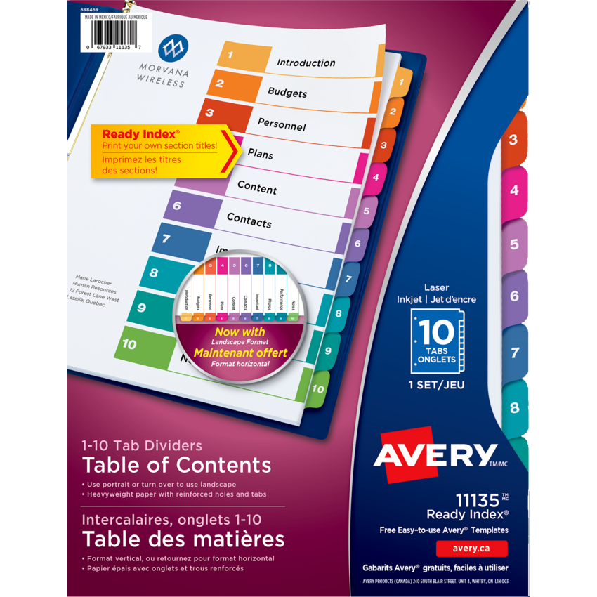 Avery® Ready Index® Table of Contents Dividers Coloured 1-10