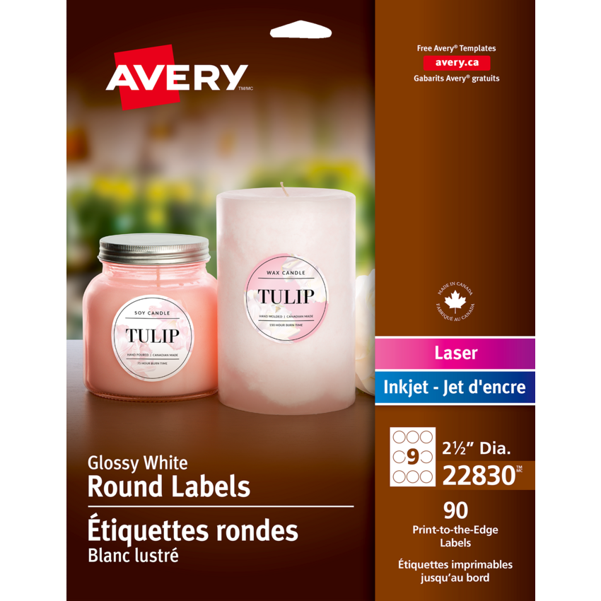 Avery® Print-to-the-Edge Round Labels 2-1/2" Glossy White 90/pkg