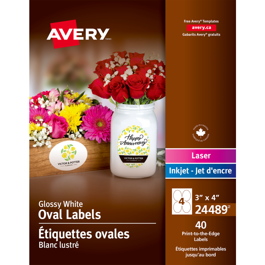 Avery® Print-to-the-Edge Oval Labels 3"x 4" Glossy White 40/pkg