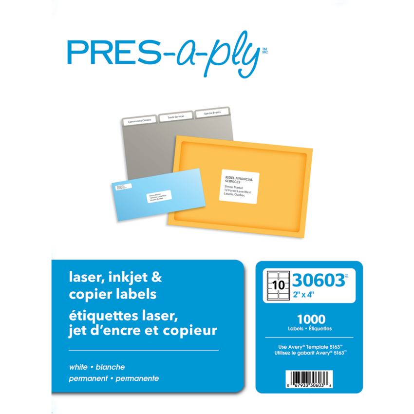 Avery® PRES-a-ply® White Laser Label 4" x 2" 1000/box