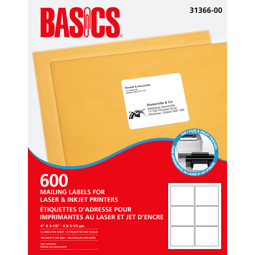Basics® Mailing Labels for Laser Printers 4" x 3-1/3" White (600 Labels) 100 sheets/box