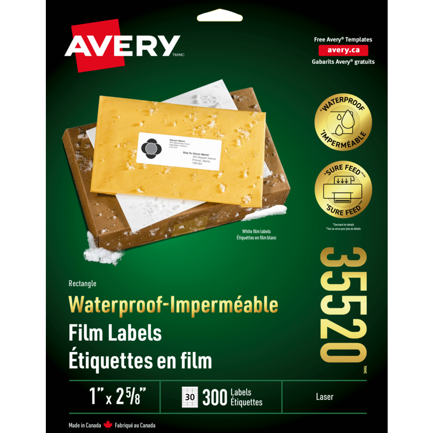 Avery® Waterproof Labels 1" x 2-5/8" Laser White 300/pkg