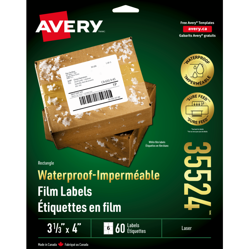 Avery® Waterproof Labels 3-1/3" x 4"  Laser White 60/pkg