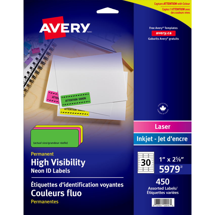 Avery® Neon High Visibility Labels 2-5/8" x 1" (450 Labels) Laser Assorted Colours 15 sheets/pkg