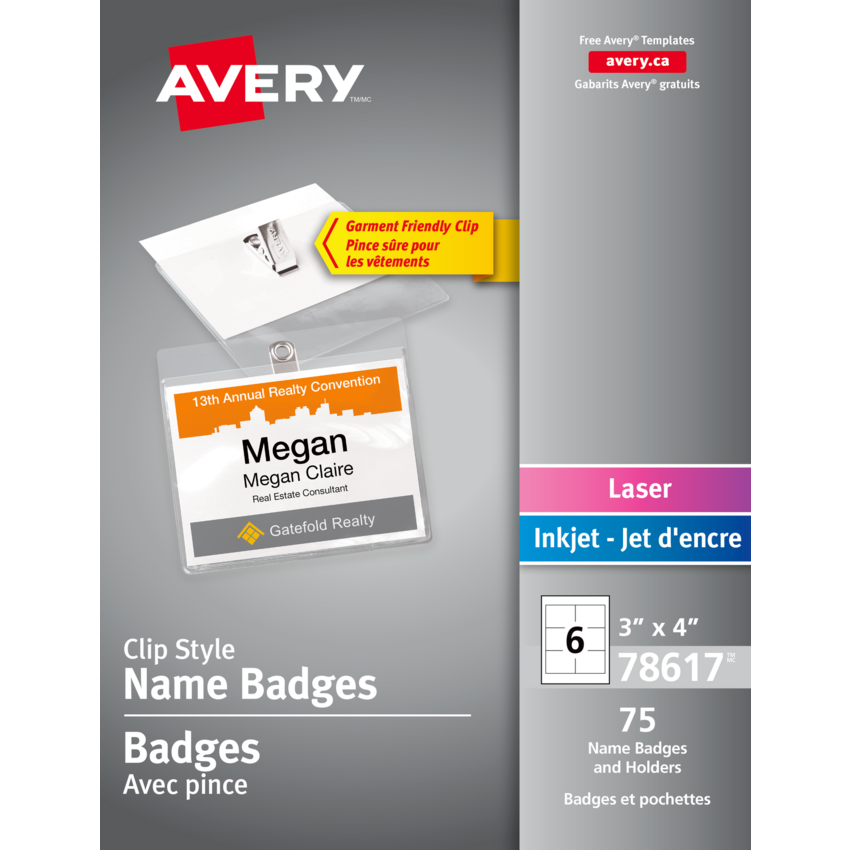 Avery® Name Badge Kit Clip Holder 3" x 4" 75/box