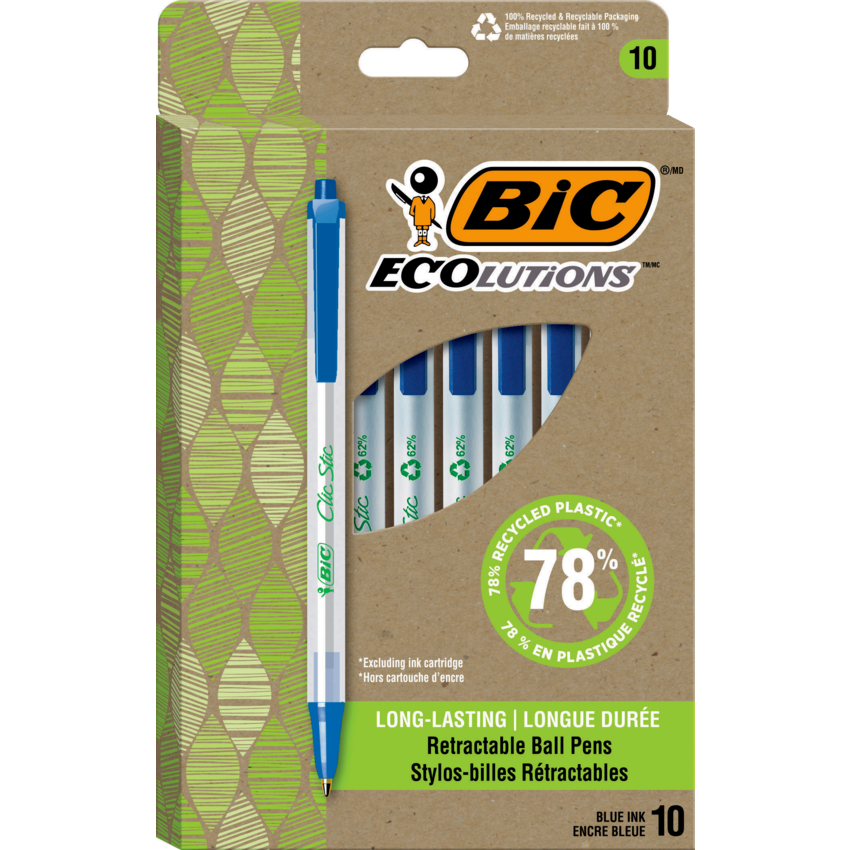 Bic® Ecolutions™ Retractable Ball Point Pens Medium Point Blue 10/pkg
