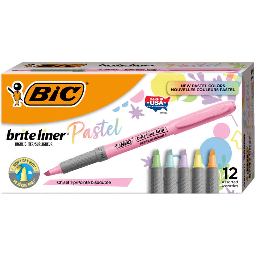 BIC® Brite Liner Grip Pastel Highlighters Chisel Tip Assorted Pastel Colours 12/box