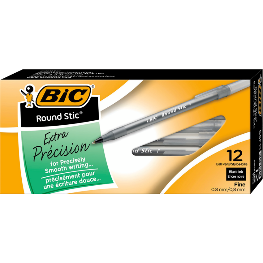Bic® Round Stic® Pens Fine Point Black 12/box