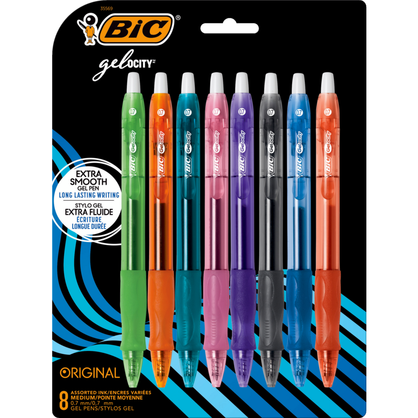 BIC® Gel-ocity® Original Long-Lasting Retractable Gel Pens 0.7 mm Assorted Colours 8/pkg