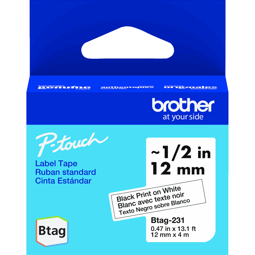 Brother® P-Touch® BTAG-231 Label Tape Black on White 12 mm (1/2") x 13.1'