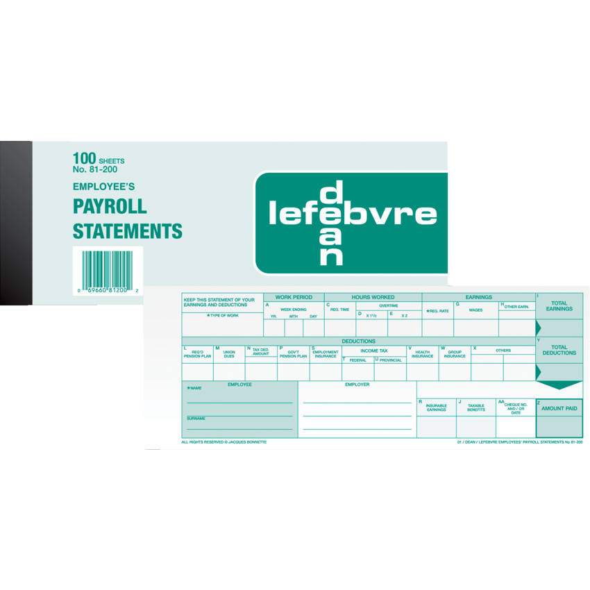 Dean Payroll Statement Pad 1 Statement/Sheet 100 Shts English