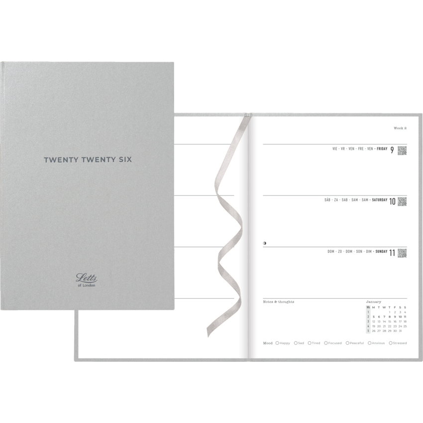 Letts® Titanium Weekly Planners Hard Metallic Cover 12 months 8-1/4" x 5-7/8" Multilingual Silver