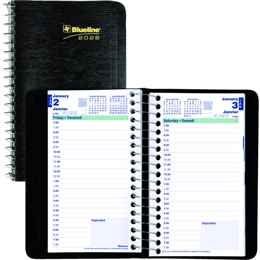 Blueline® Essential Daily Diary Spiral Bound Soft Cover 6" x 3-1/2" Bilingual Black