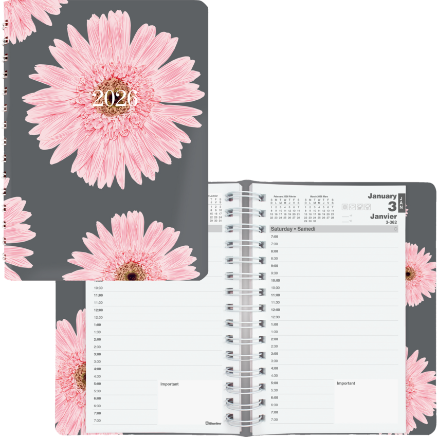 Blueline® Essential Pink Ribbon Daily Diary Twin Wire Soft Cover 8" x 5" Bilingual Pink Daisy Design
