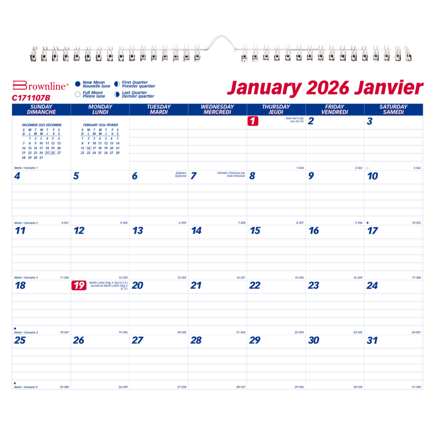 Blueline® Monthly Wall Calendar Twin wire bound 12 months 15" x 12" Bilingual