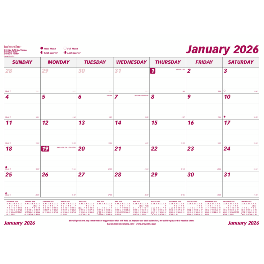Brownline® Monthly Desk/Wall Calendar Pad Refill 23-1/2x18-1/4" English