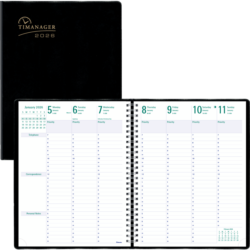 Blueline® Timanager® Weekly/Monthly Business Diary Twin Wire 11x8-1/2" English Black