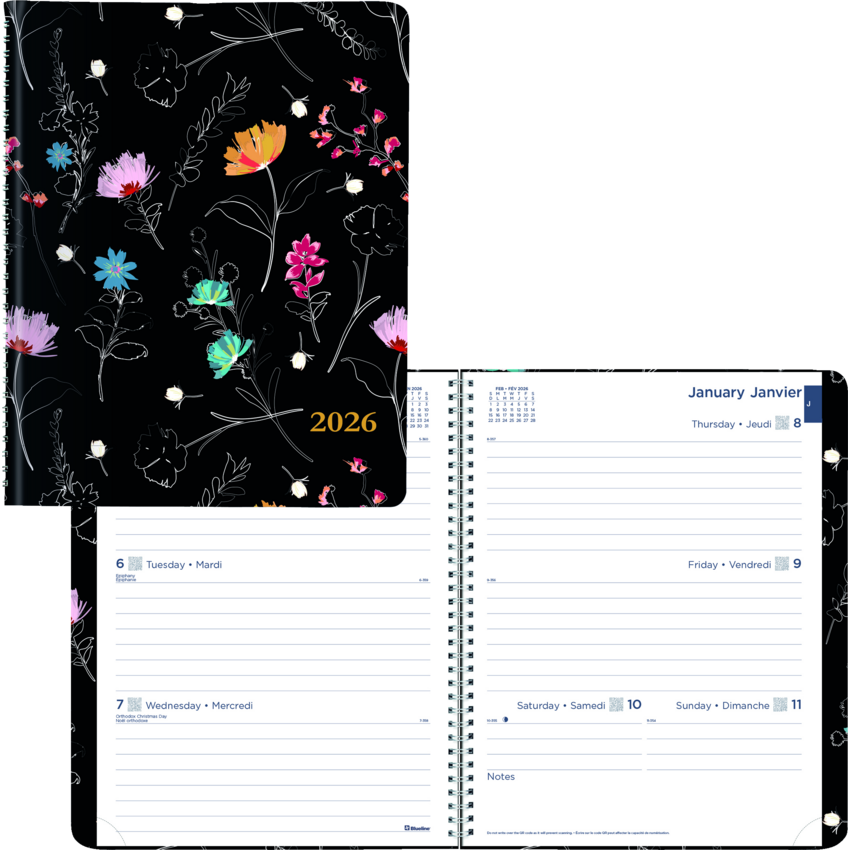 Blueline® Dramatic Floral Weekly/Monthly Planner 11" x 8-1/2" Bilingual Black