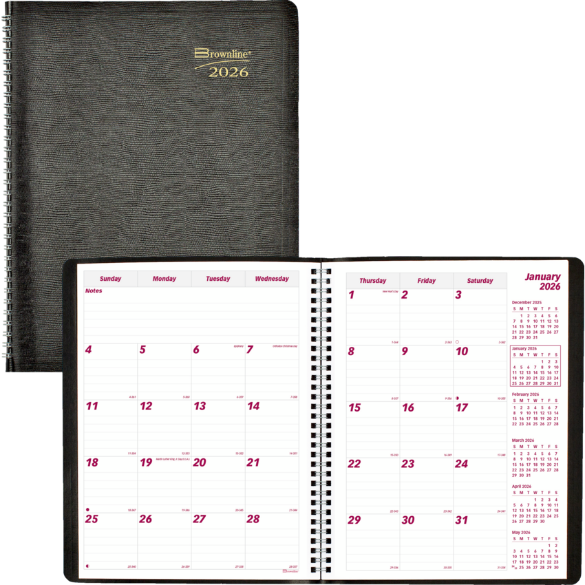 Brownline® Essential Monthly Diary 14 Month Twin Wire 11x8-1/2" English Black