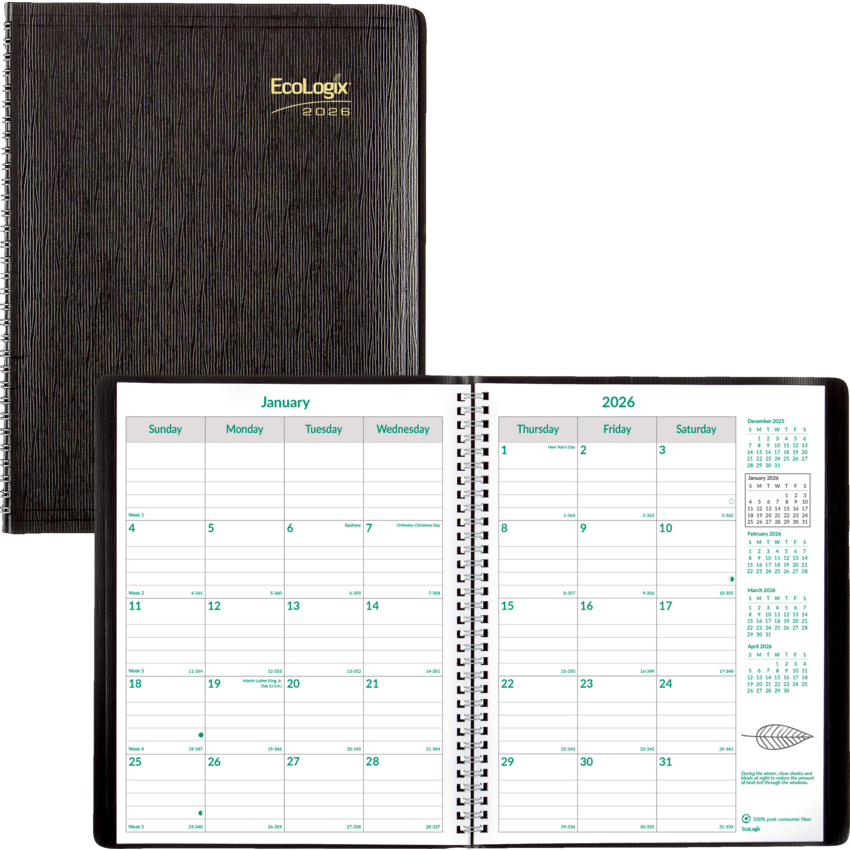 Brownline® EcoLogix® Monthly Planner 11x8-1/2" English Black