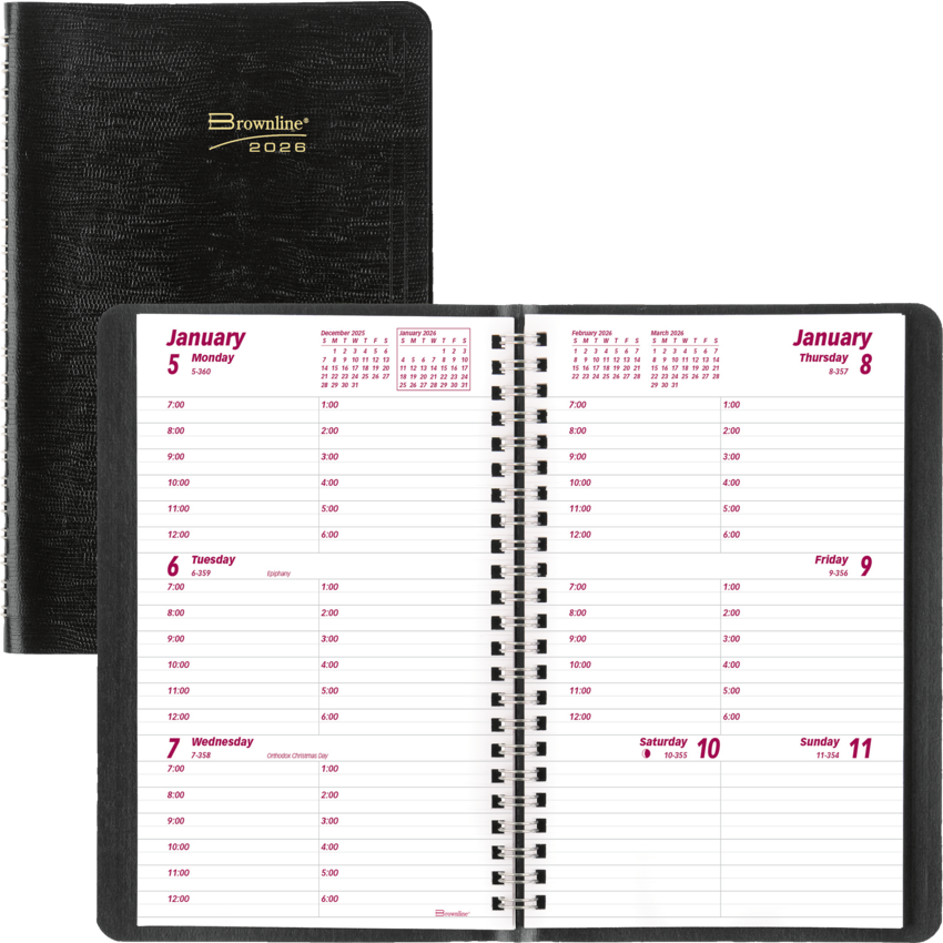 Brownline® Essential Weekly Diary Soft Cover Twin Wire 8x5" English Black