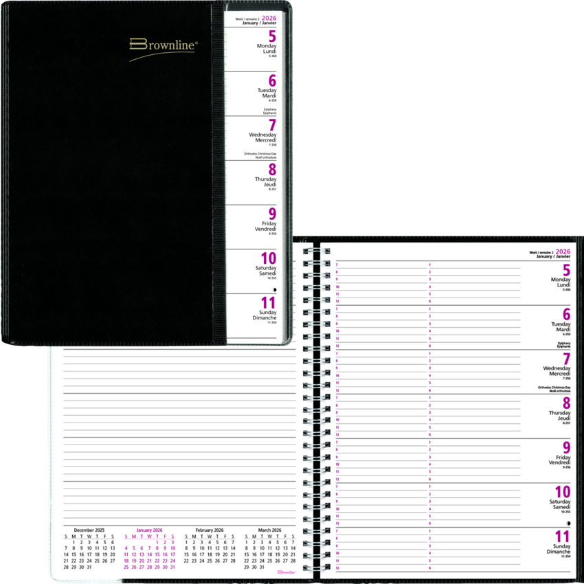 Brownline® Pre-Vu Weekly Planner 12 months 11" x 8-1/2" Bilingual Black