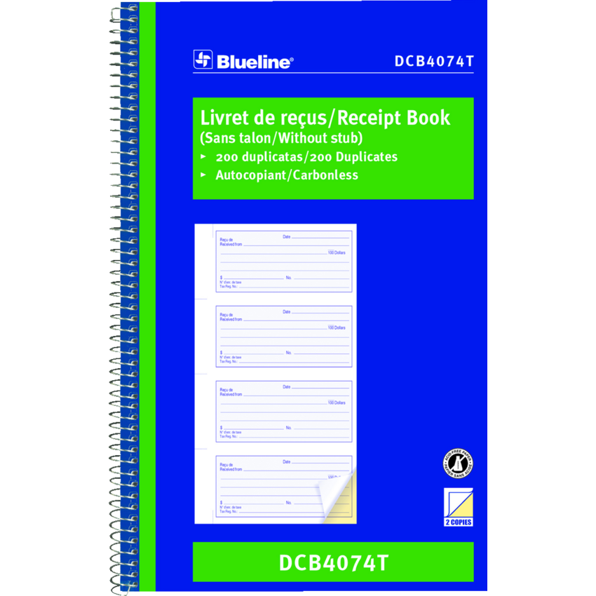Blueline® Receipt Book Carbonless 2-Part 200 sets Bilingual