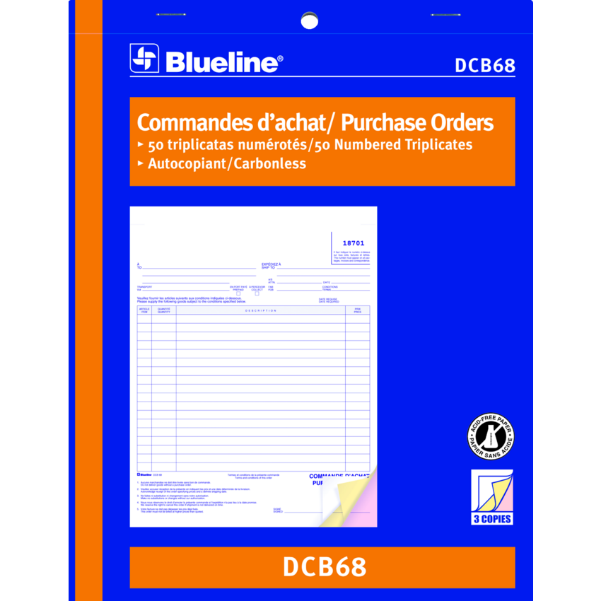 Blueline® Carbonless Purchase Orders 3-part 8-1/2x11" Bilingual