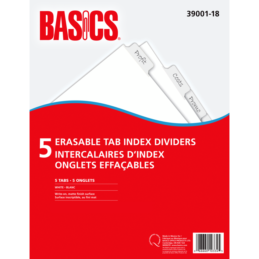 Basics® Erasable Tab Index Dividers White 5 Tabs