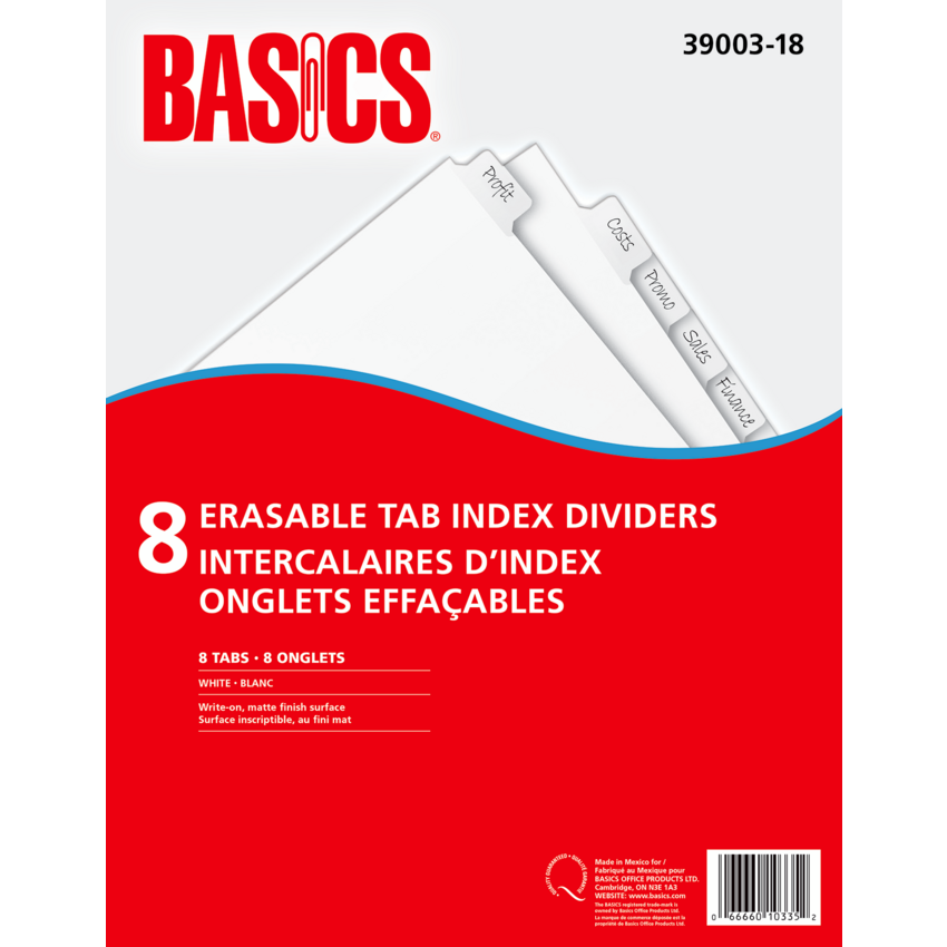 Basics® Erasable Tab Index Dividers White 8 Tabs