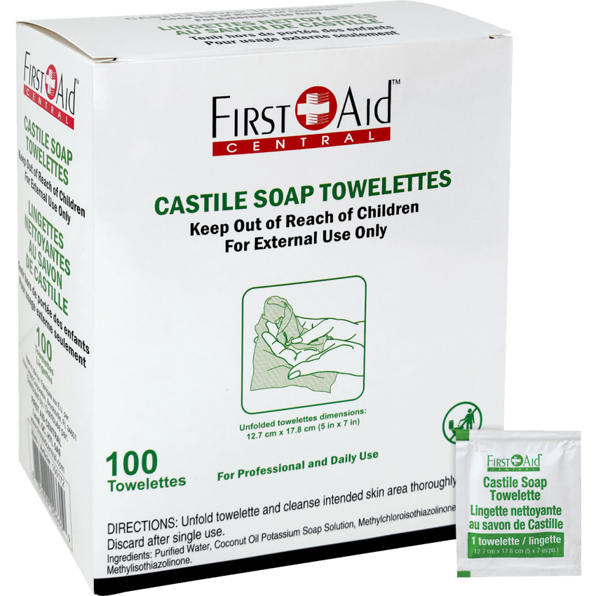 First Aid Central® Castile Soap Wipes Individually Wrapped 100/pkg