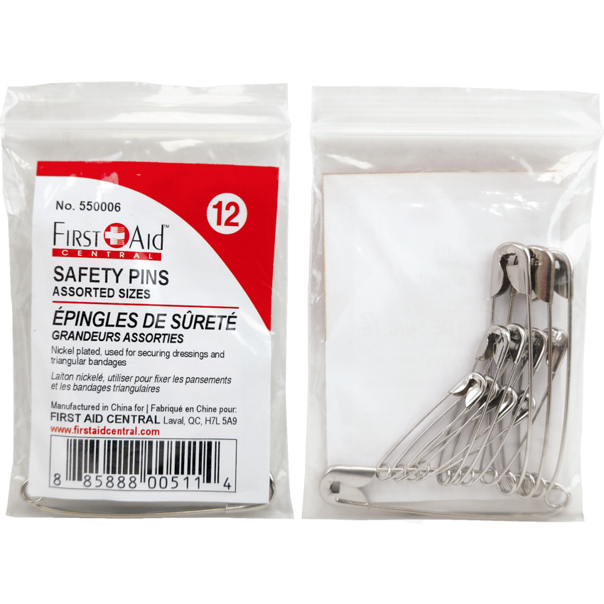 First Aid Central® Safety Pins Assorted Sizes 12/pkg