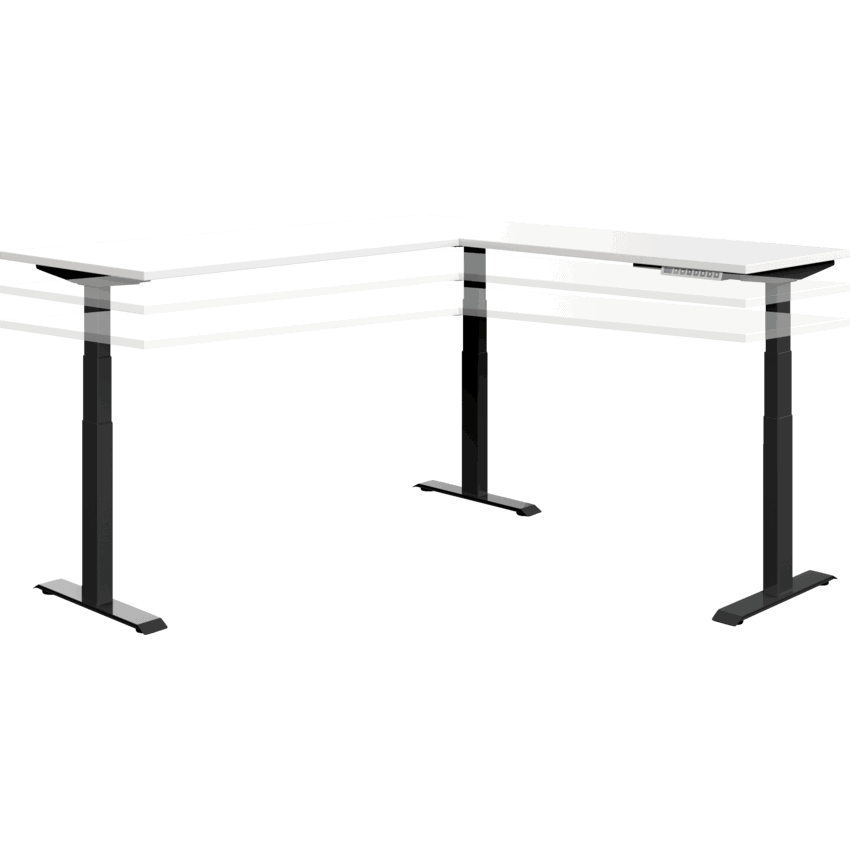 Offices to Go® Newland™ L-Shaped 3-Stage Electric Height Adjustable Table 70"W x 70"D x 22-3/5"-48-1/5"H Designer White Finish/Black base