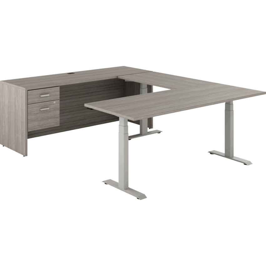 Offices to Go® Newland™ U-Shaped Desk with 3-Stage Height Adjustable Table and Hanging box/file pedestal 72"W x 95"D x 22-3/5" to 48-1/5" H Tungsten/Noce Grigio finish