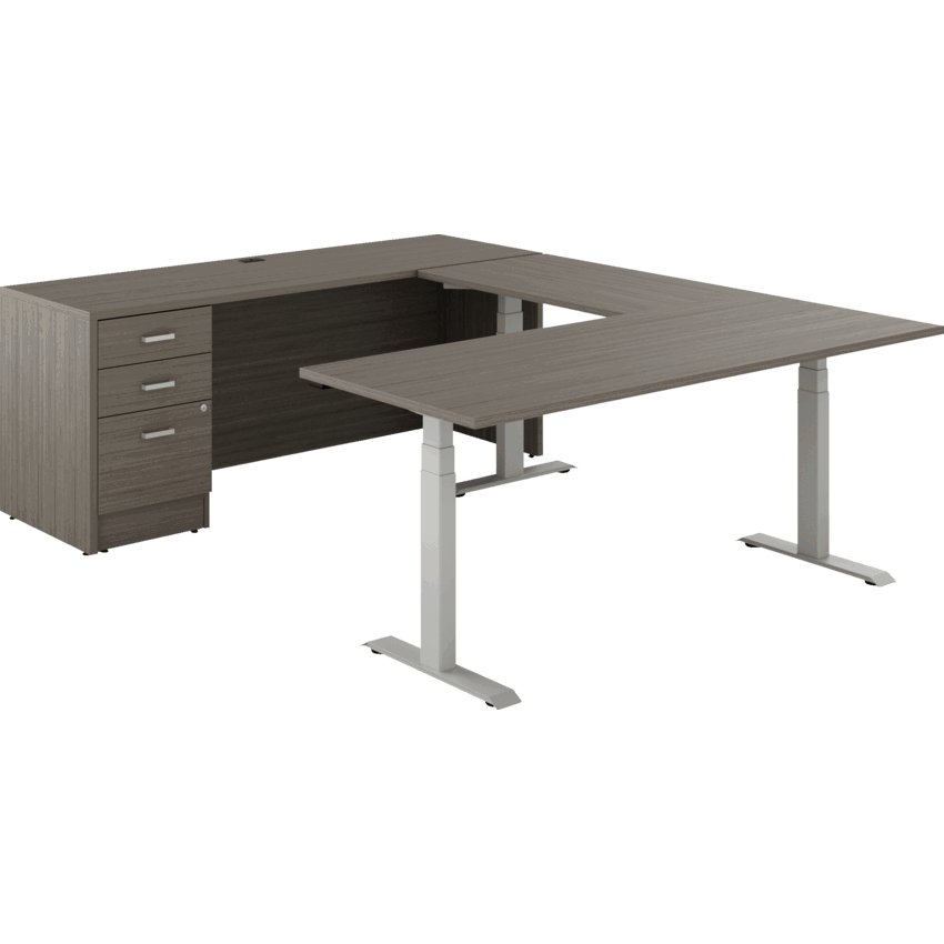 Offices to Go® Newland™ U-Shaped Desk with 3-Stage Height Adjustable Table and Box/box/file pedestal 72"W x 95"D x 22-3/5" to 48-1/5"H Tungsten/Absolute Acajou finish