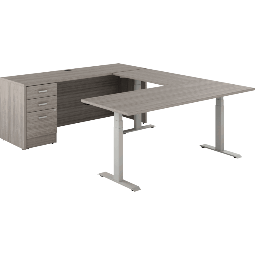 Offices to Go® Newland™ U-Shaped Desk with 3-Stage Height Adjustable Table and Box/box/file pedestal 72"W x 95"D x 22-3/5" to 48-1/5"H Tungsten/Noce Grigio finish