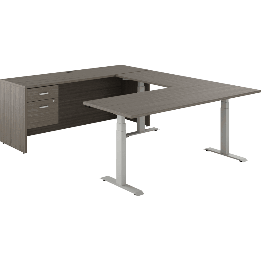 Offices to Go® Newland™ U-Shaped Desk with 3-Stage Height Adjustable Table and Hanging box/file pedestal 72"W x 95"D x 22-3/5" to 48-1/5" H Tungsten/Absolute Acajou finish