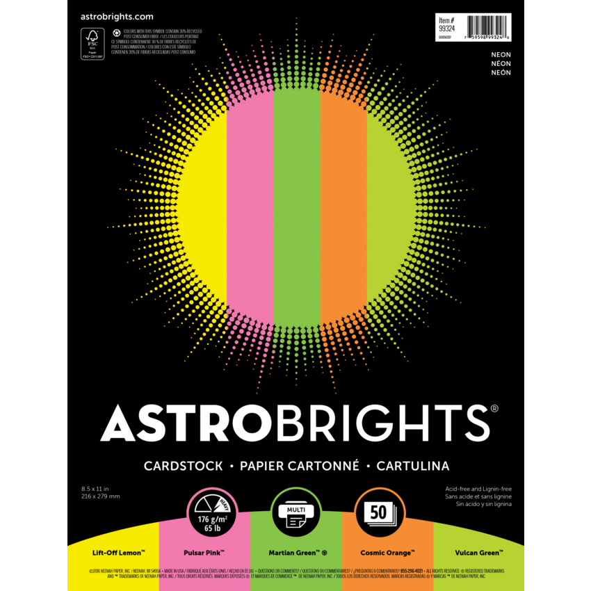 Neenah Astrobrights® Cover Stock 65 lb 8-1/2" x 11" Assorted Neon Colours 50 sheets/pkg