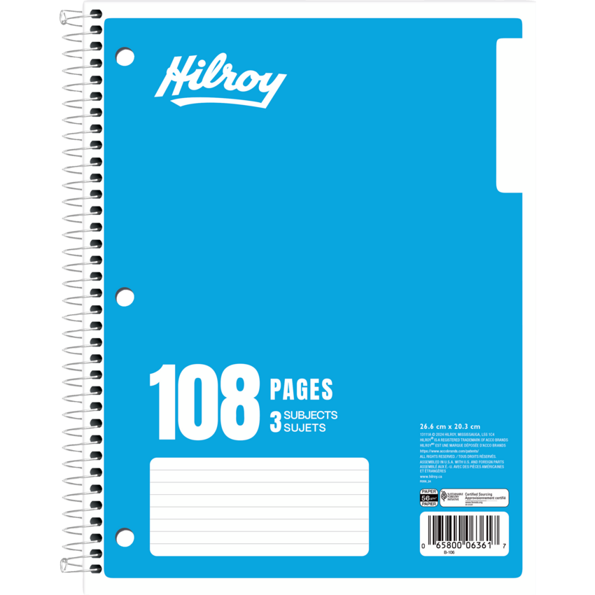 Hilroy 3-Subject Notebook Wide Ruled 10-1/2" x 8" 108 Pages Light Blue